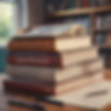 Influential Texts in Entrepreneurship A stack of best-selling entrepreneurship books with an open notebook and pen