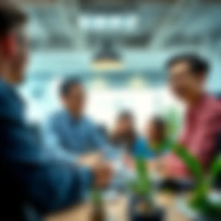 A collaborative team discussing ideas in a vibrant office