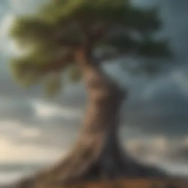 Strength Against Adversity A weathered tree standing tall against strong winds illustrating strength
